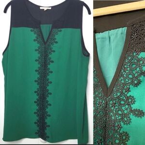 41 Hawthorn emerald Kelly Green Black Lace Sleeveless Top blouse tunic top S